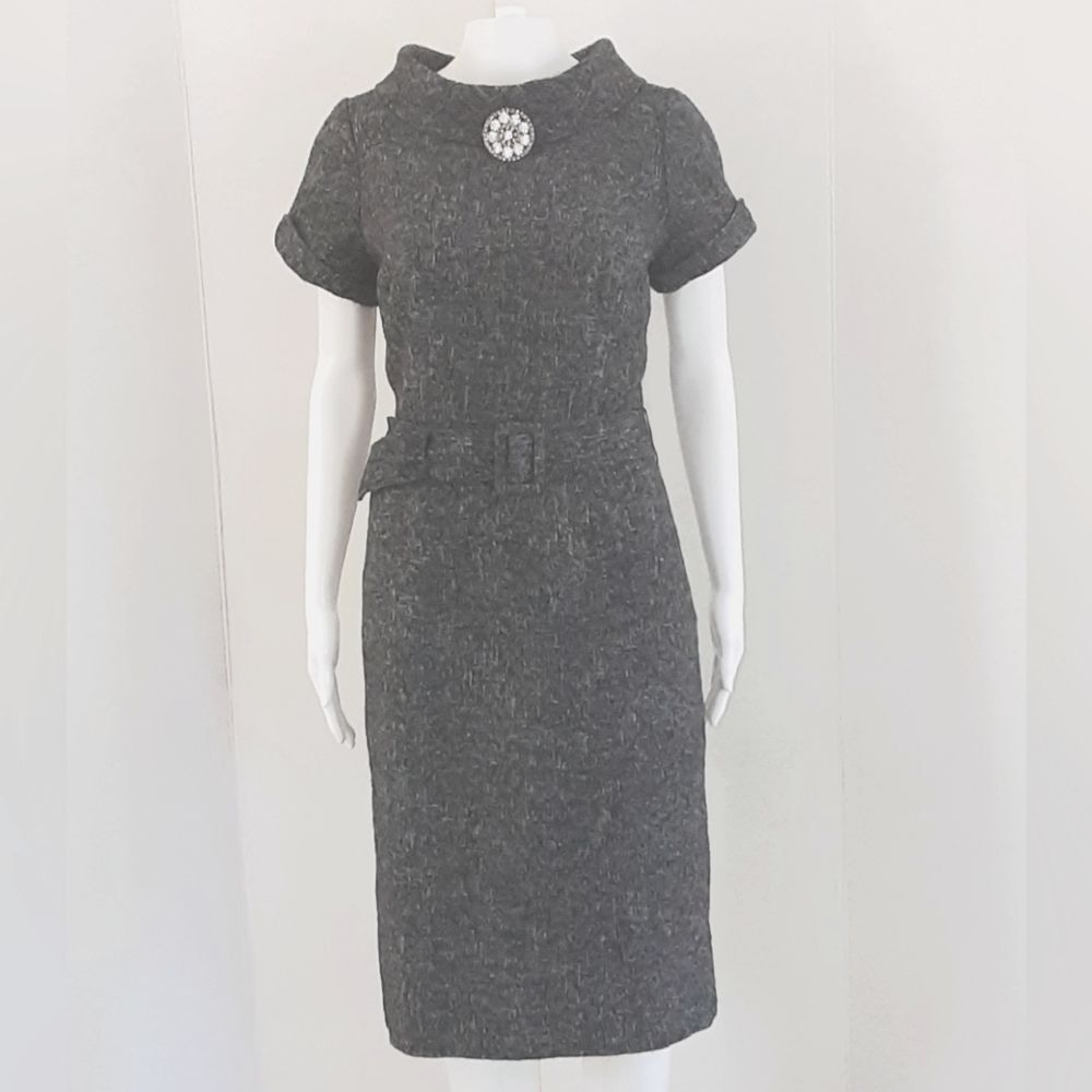 BANANA REPUBLIC Career Gray Tweed Belted Cuff Sleeve Pockets Dress Sz 10 - Picture 3 of 13